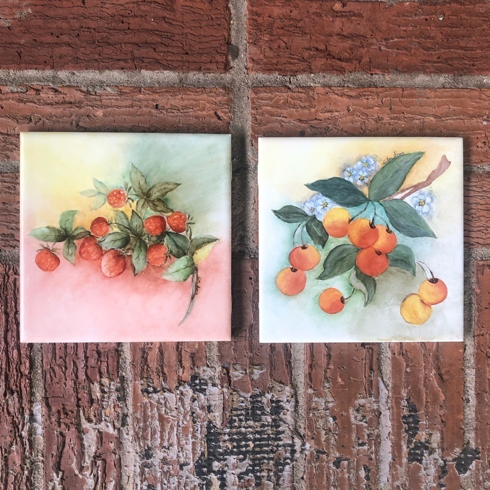 Set of 2 Hand Painted Square Ceramic Tiles Strawberries & Cherry Blossoms